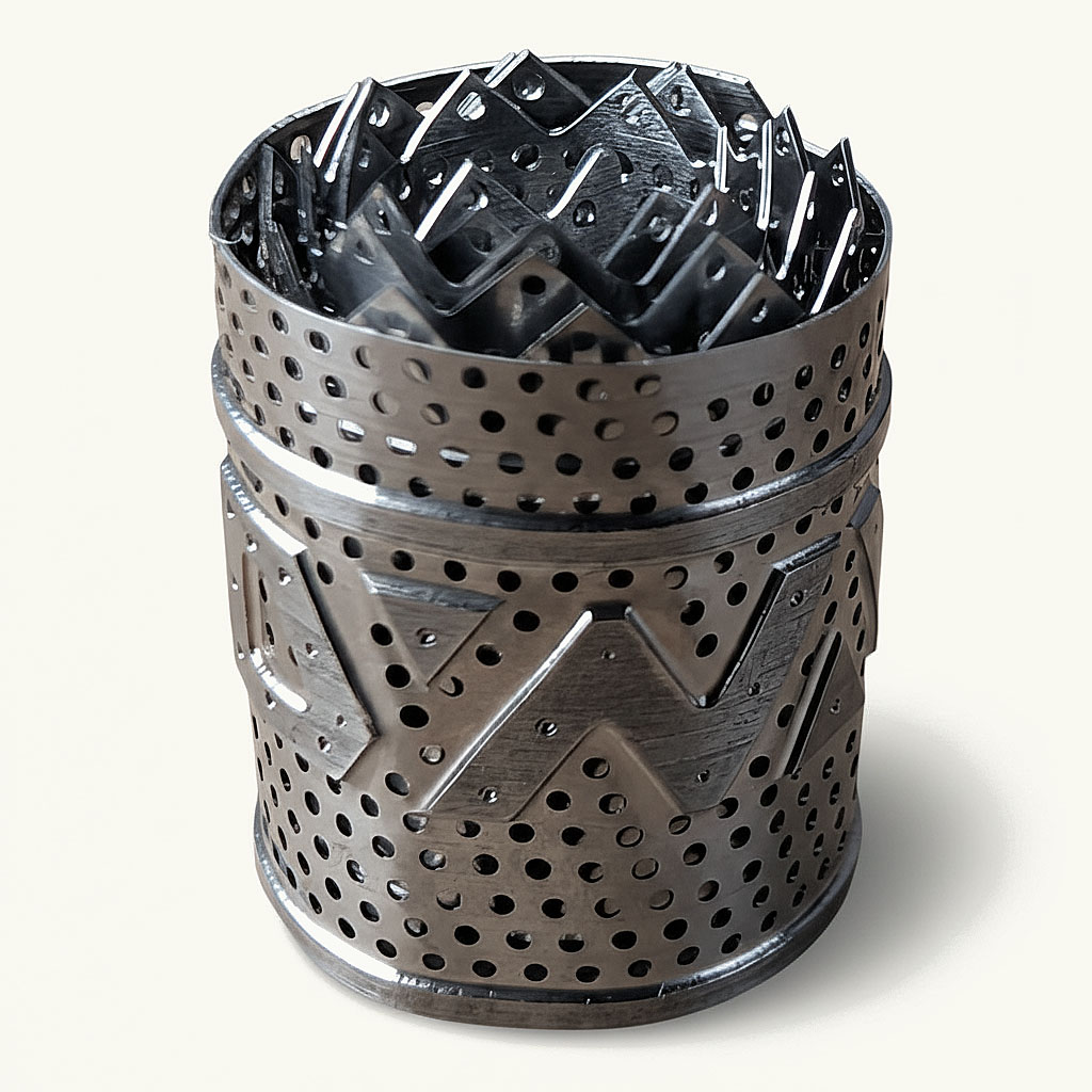 A cylindrical insert made of coiled, perforated titanium sheet for concentrates, photographed in a close-up.