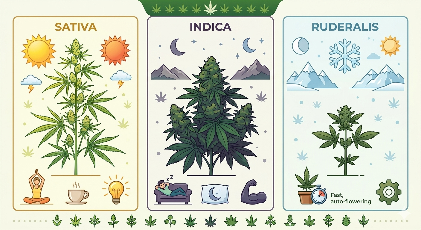 Eine Infografik, die drei Haupttypen von Cannabis vergleicht: Sativa, Indica und Ruderalis.
Sativa: Gezeigt als große, schlanke Pflanze unter Sonnen- und Wettersymbolen; assoziiert mit Energie (Yoga-Figur, Kaffeetasse, Glühbirne).
Indica: Gezeigt als kompakte, buschige Pflanze vor einer Bergkulisse bei Nacht; assoziiert mit Entspannung (schlafende Person auf Sofa, Kissen, Muskel-Symbol).
Ruderalis: Gezeigt als kleine, robuste Pflanze in einer Schneelandschaft; markiert als „schnell, selbstblühend“ (Fast, auto-flowering) mit Stoppuhr- und Zahnrad-Symbolen.