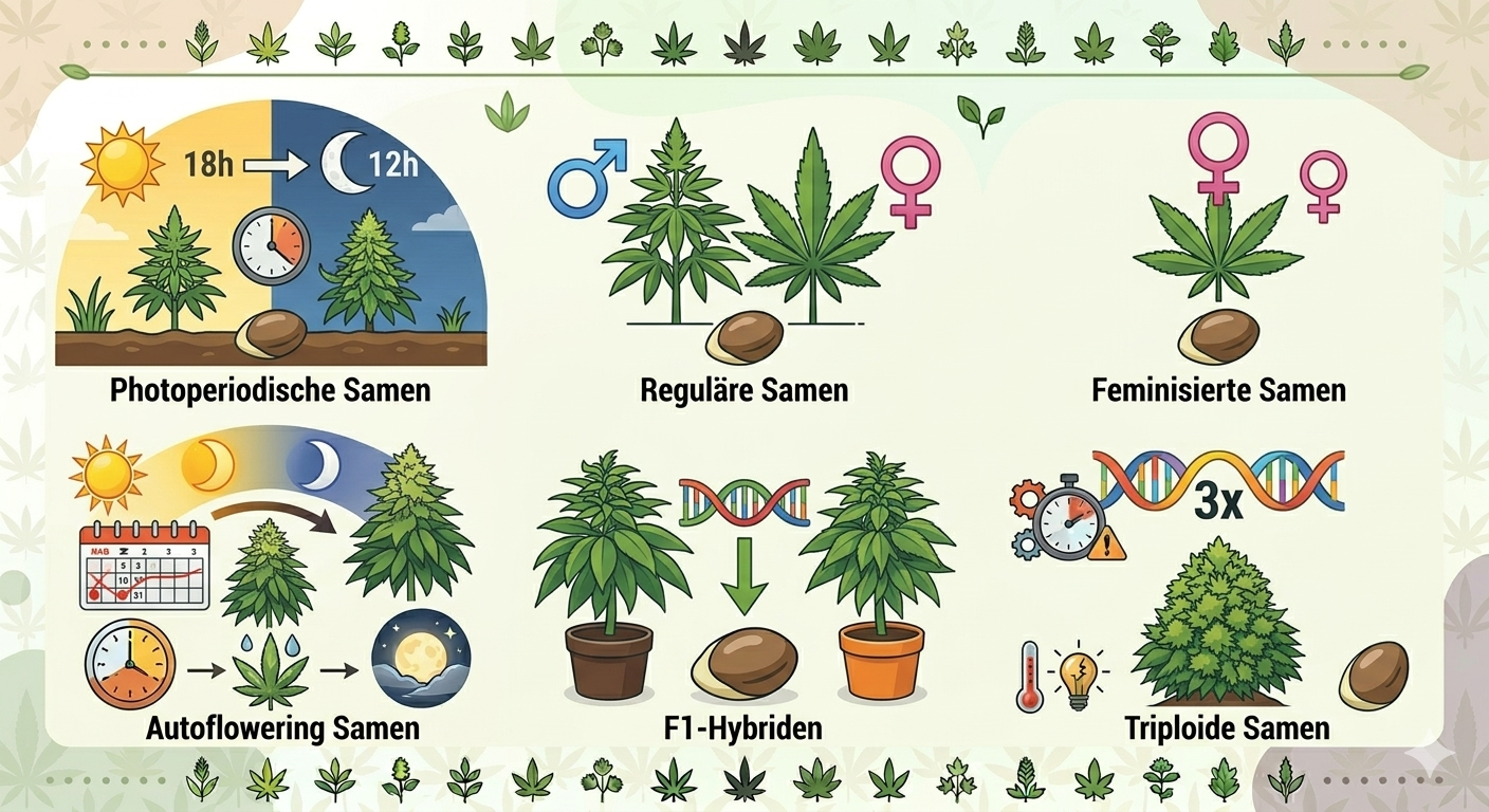 Eine informative Grafik, die sechs verschiedene Arten von Cannabissamen und deren Eigenschaften erklärt:
Photoperiodische Samen: Zeigt die Abhängigkeit vom Lichtzyklus (Wechsel von 18h auf 12h Licht zur Blüteeinleitung).
Reguläre Samen: Illustriert durch ein männliches (Mars) und ein weibliches (Venus) Symbol, da beide Geschlechter entstehen können.
Feminisierte Samen: Markiert mit weiblichen Symbolen, da diese Samen fast ausschließlich weibliche Pflanzen hervorbringen.
Autoflowering Samen: Dargestellt mit Kalender und Uhr, da sie unabhängig vom Lichtzyklus nach einer gewissen Zeit automatisch blühen.
F1-Hybriden: Zeigt die Kreuzung zweier reiner Elternlinien (DNA-Strang), was zu kräftigeren, uniformen Nachkommen führt.
Triploide Samen: Illustriert durch ein "3x" und DNA-Symbole; sie sind steril, wachsen schneller und sind resistenter gegen Stress.