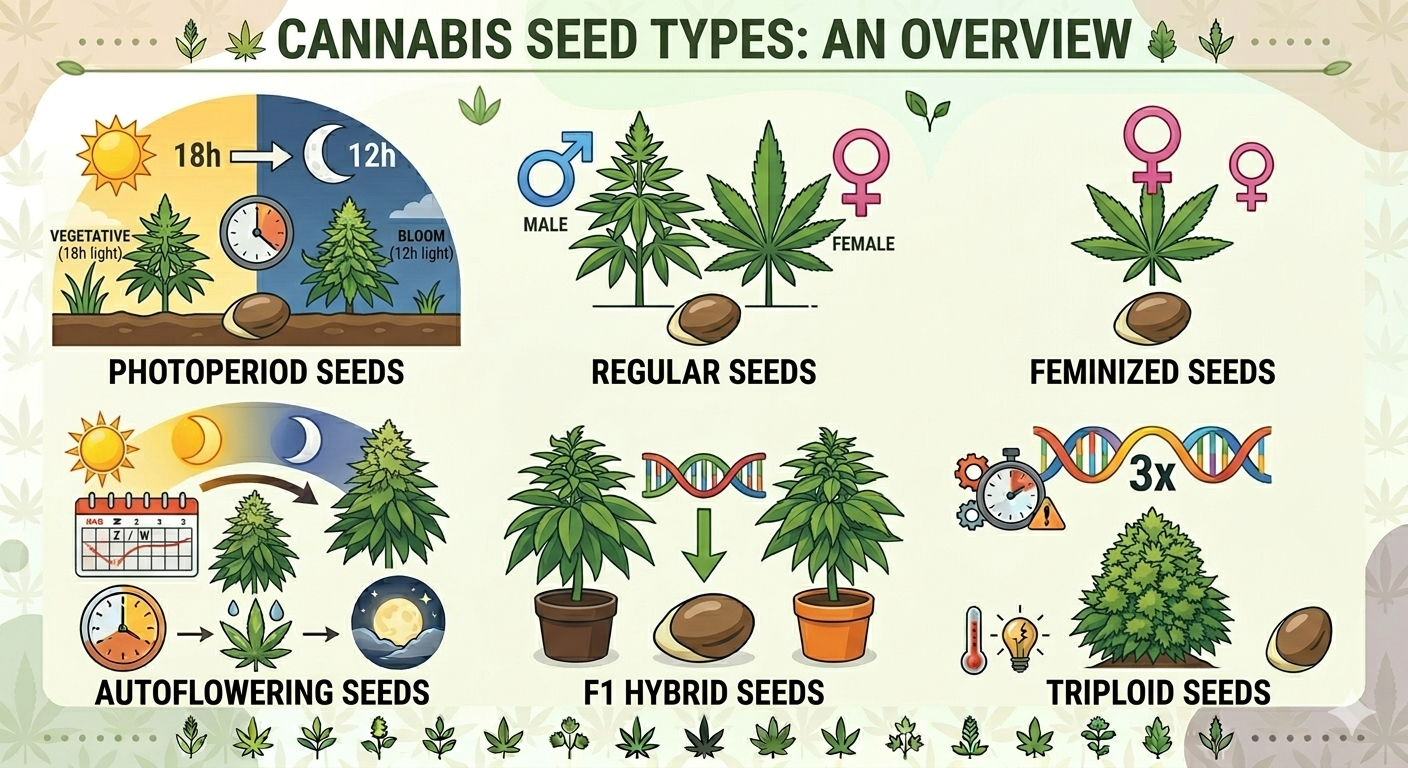 An educational infographic detailing six different types of cannabis seeds and their characteristics:

    Photoperiodic Seeds: Shows the dependence on light cycles (switching from 18h to 12h of light to trigger flowering).

    Regular Seeds: Illustrated with both male (Mars) and female (Venus) symbols, as they can produce either gender.

    Feminized Seeds: Marked with female symbols, indicating they are bred to produce almost exclusively female plants.

    Autoflowering Seeds: Depicted with a calendar and clock, as they flower automatically based on age rather than light cycles.

    F1 Hybrids: Shows the cross-breeding of two stable parent lines (DNA strand), resulting in high vigor and uniformity.

    Triploid Seeds: Illustrated with a "3x" and DNA symbols; these are sterile, grow faster, and show increased stress resistance.