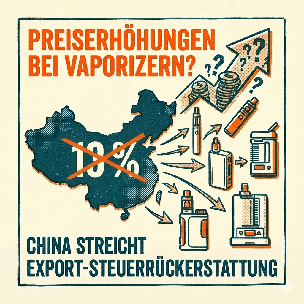 Eine Risographie-Illustration im Retro-Stil auf cremefarbenem Papier, eingefasst von einem blauen Rahmen. Der Titel oben lautet in Fettdruck: "PREISERHÖHUNGEN BEI VAPORIZERN?" in Orange. Darunter zeigt eine blaue Karte von China einen großen, orange durchgestrichenen Text "13%". Blaue Pfeile führen von China nach rechts zu einer Sammlung von detaillierten Vaporizer-Geräten (Stifte, Mods, Tischmodelle) in Orange und Blau. Rechts oben zeigt eine Grafik mit Stapeln von Goldmünzen und einem ansteigenden blauen Pfeil mit Fragezeichen eine Preisunsicherheit an. Am unteren Rand steht in blauer Schrift: "CHINA STREICHT EXPORT-STEUERRÜCKERSTATTUNG". Die Illustration ist in einer begrenzten Farbpalette von tiefem Blau und warmem Orange gehalten.