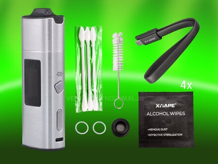 XLUX Roffu vaporizer with glass chamber, USB-C charging cable, alcohol wipes (4 pieces), cleaning sticks (3 pieces), extra sealing rings (2 pieces), extra sieve for the mouthpiece, cleaning brush.