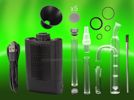 Yllvape Angus Enhanced Vaporizer , charging cable ,filling funnel , Glass water pipe adapter
5 Filter screens, 4 O-Rings , Brush, Side Bubbler, and  3x Different length of glass stems